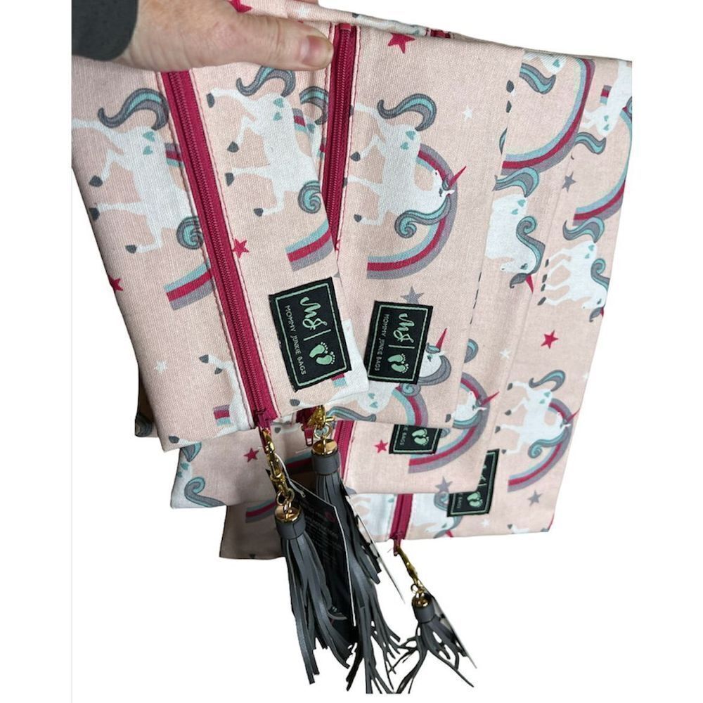 Mommy junkie bag Unicorn rainbow makeup bags with tassels 4 piece set NWT